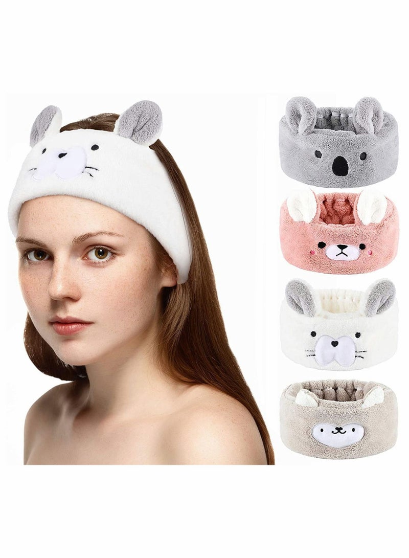 SYOSI 4 Pieces Facial Spa Headband Cartoon Animal Hairband Ultra Soft Coral Fleece Adjustable Face Wash Reusable Cloth Stretch Towel for Washing Shower Mask Gym Yoga - Image 1