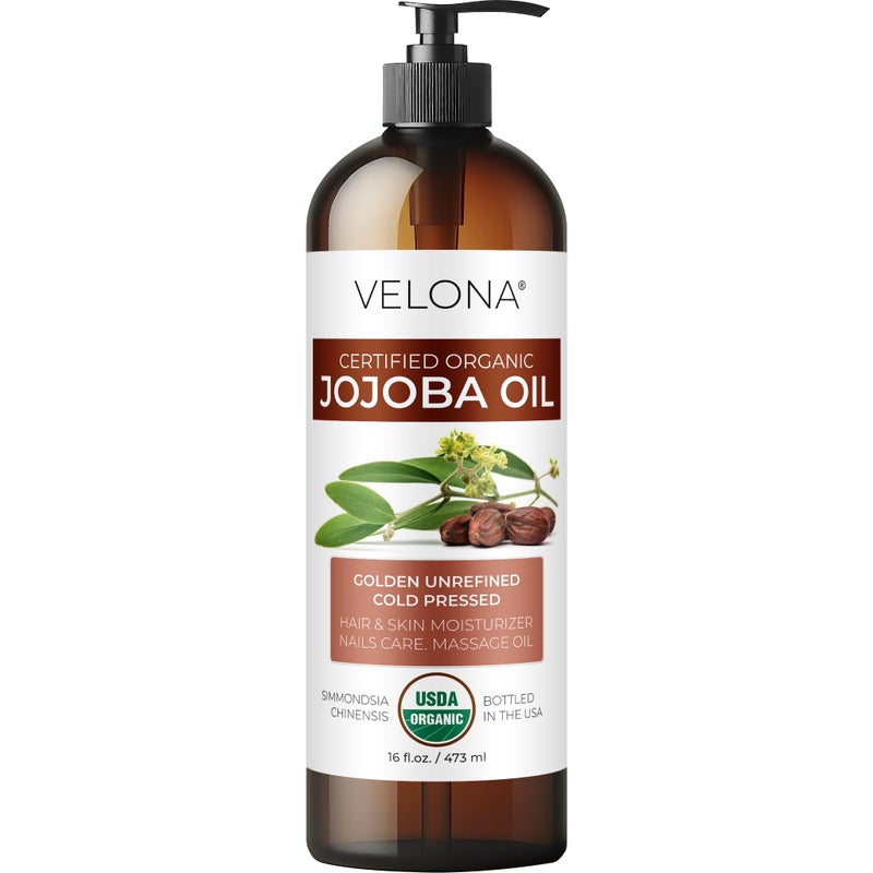 velona Jojoba Oil USDA Certified Organic - 16 fl oz (With Pump) | 100% Pure and Natural | Golden, Unrefined, Cold Pressed, Hexane Free | Moisturizing Face, Hair, Body, Skin Care - Image 1
