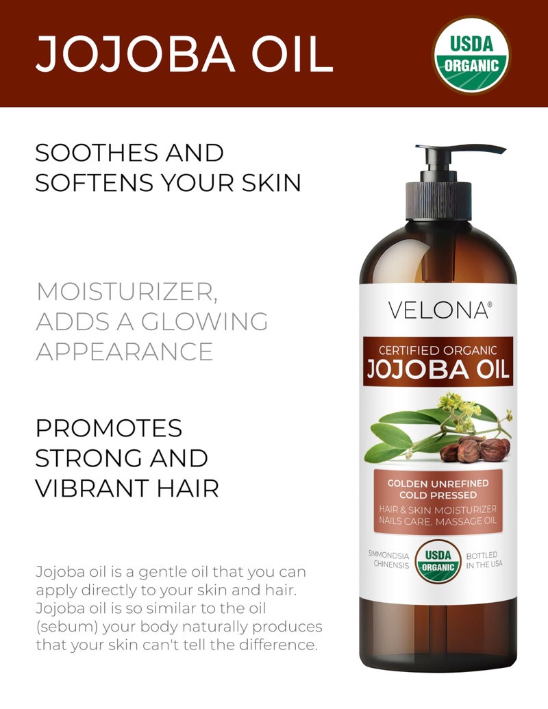 velona Jojoba Oil USDA Certified Organic - 16 fl oz (With Pump) | 100% Pure and Natural | Golden, Unrefined, Cold Pressed, Hexane Free | Moisturizing Face, Hair, Body, Skin Care - Image 2