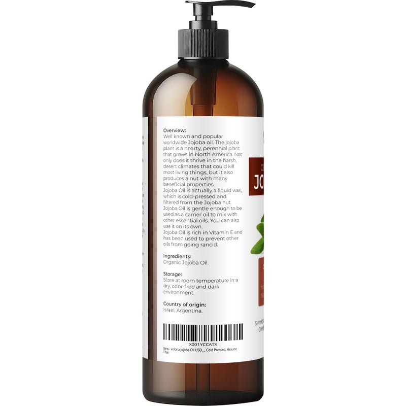 velona Jojoba Oil USDA Certified Organic - 16 fl oz (With Pump) | 100% Pure and Natural | Golden, Unrefined, Cold Pressed, Hexane Free | Moisturizing Face, Hair, Body, Skin Care - Image 3