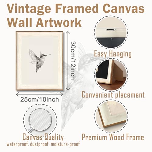 ASTRDECOR Hummingbird Wall Art Prints Vintage Black and White Bird Sketch Painting Picture Rustic Neutral Decor Canvas Wall Decor for Nursery Bedroom Living Room Framed 10x12 - Image 3