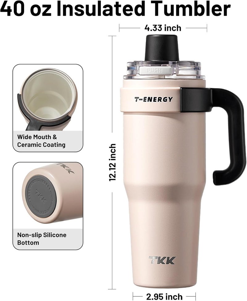 TKK 40 oz Insulated Tumblers with Handle and Straw, Stainless Steel Travel Mug with Ceramic Coating, Leak Proof Double Walled Iced Coffee Cup with Strainer for Hot & Cold Drinks, Pink - Image 5