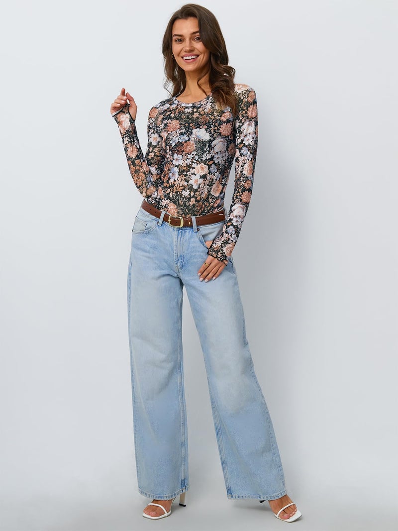 Dealmore Womens Mesh Sheer Lace Going Out Slim Fitted See Through Tops Spring Fashion Clothes 2026 Outfits Floral Fierce S - Image 5
