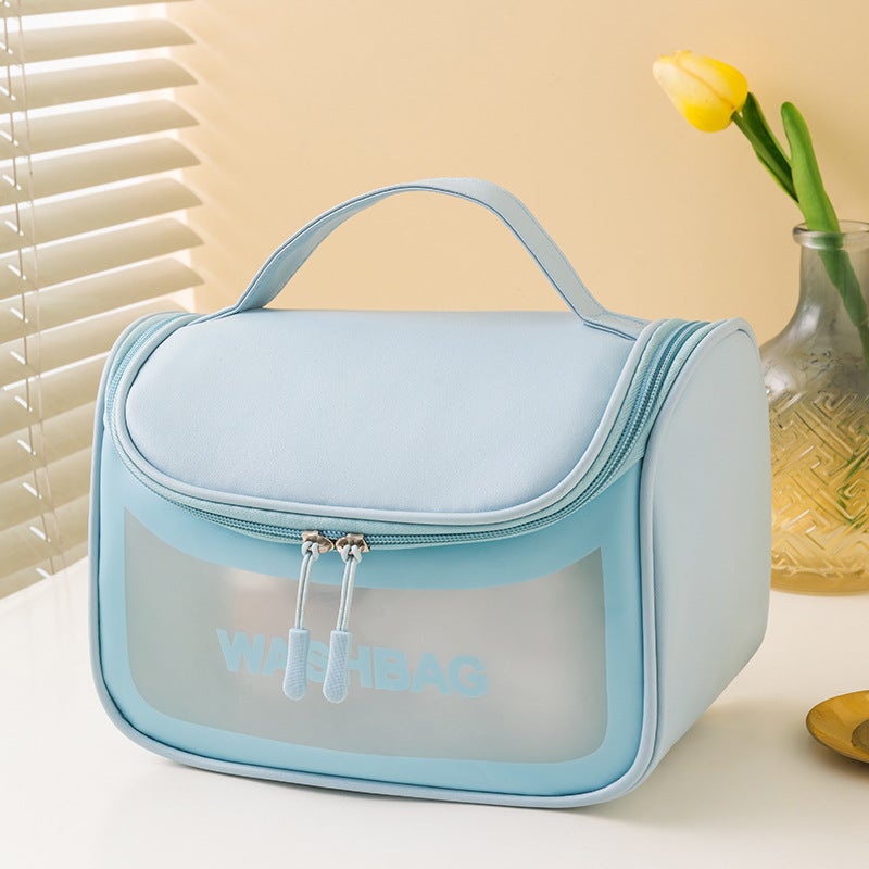 PU Waterproof Cosmetic Bag Travel Portable Portable Storage Bag PVC Transparent Toiletry Bag Flip Hook Toiletry Bag Women Blue with hook-cosmetic bag