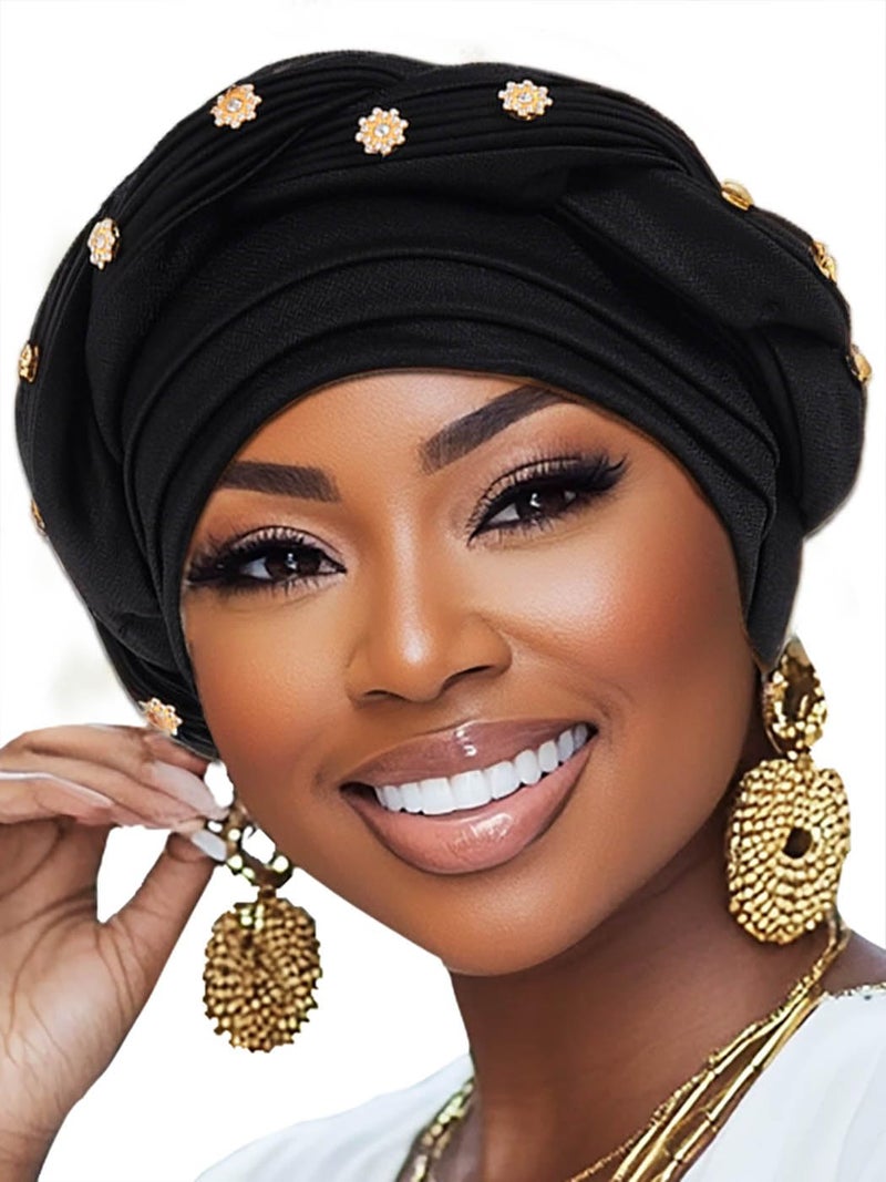 Woeoe Women African Turban Pre-Tied Twisted Headwrap Rhinestone Soft Stretchy Head Turbans (Black) - Image 1