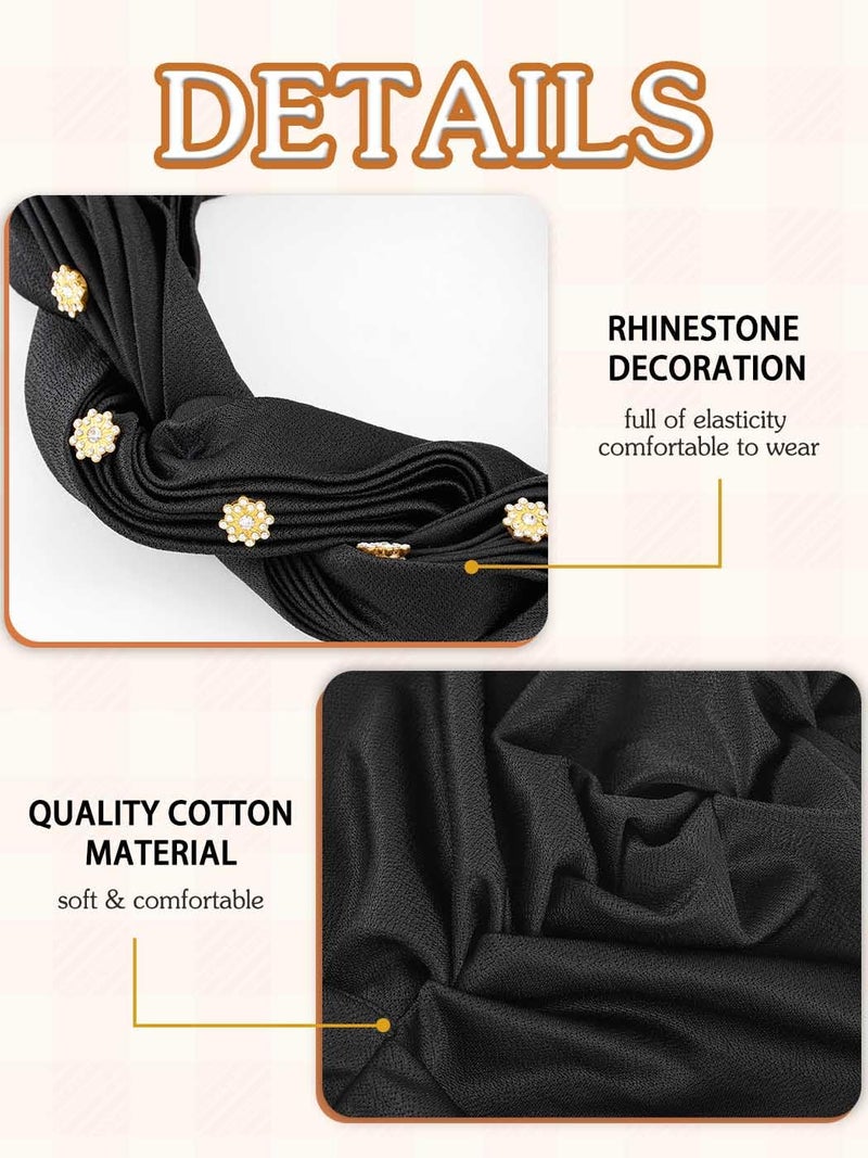 Woeoe Women African Turban Pre-Tied Twisted Headwrap Rhinestone Soft Stretchy Head Turbans (Black) - Image 5