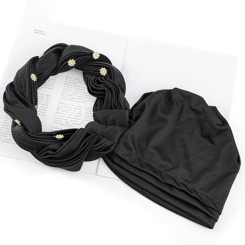 Woeoe Women African Turban Pre-Tied Twisted Headwrap Rhinestone Soft Stretchy Head Turbans (Black) - Image 2