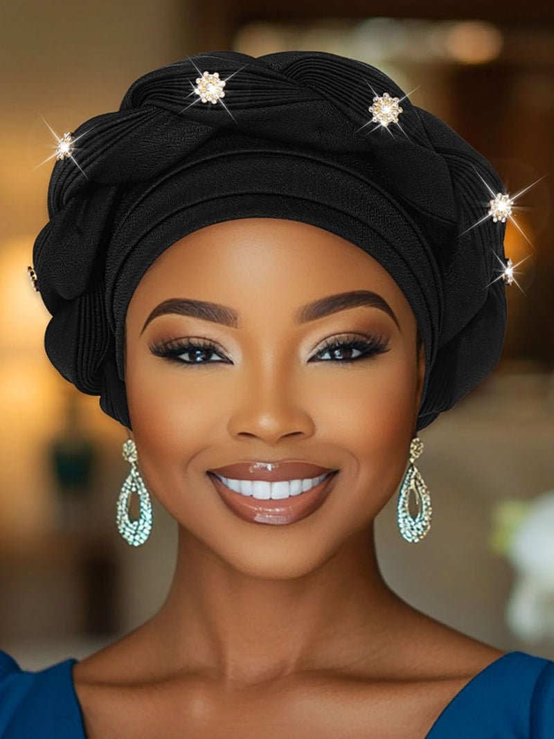 Woeoe Women African Turban Pre-Tied Twisted Headwrap Rhinestone Soft Stretchy Head Turbans (Black) - Image 4