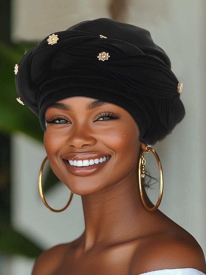 Woeoe Women African Turban Pre-Tied Twisted Headwrap Rhinestone Soft Stretchy Head Turbans (Black) - Image 3