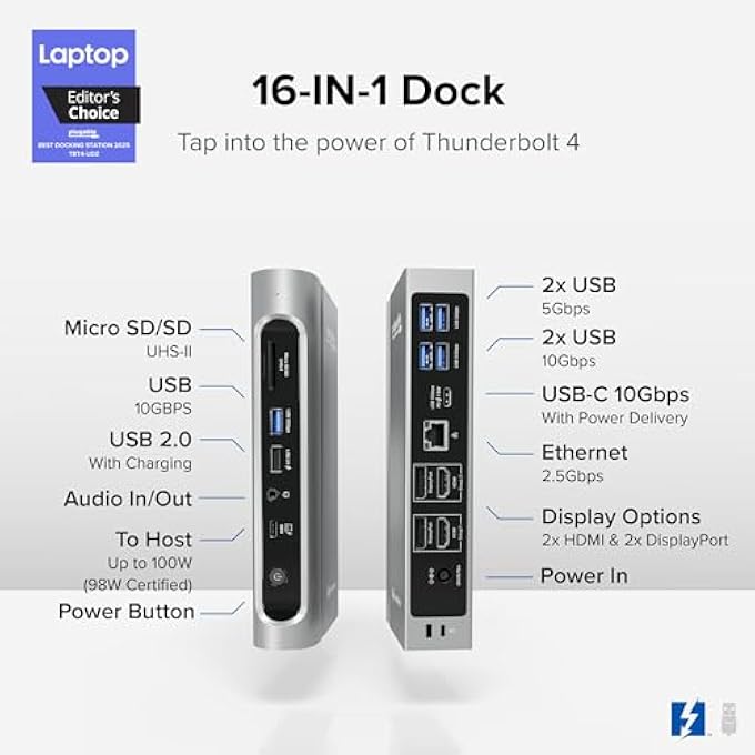 Plugable 16-IN-1 THUNDERBOLT 4 DOCK WITH 100W CHARGING, 4K QUAD MONITOR SETUP FOR THUNDERBOLT 4 WINDOWS LAPTOPS, THUNDERBOLT CERTIFIED DOCK WITH 2X HDMI, 2X DISPLAYPORT, 2.5G ETHERNET, 7X USB, SD - Image 2