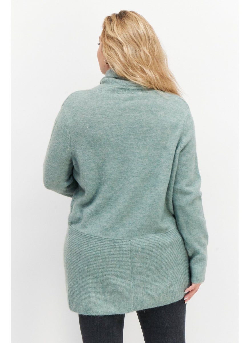 Zero - Women Open Front Long Sleeve Knitted Cardigans, Green - Image 1