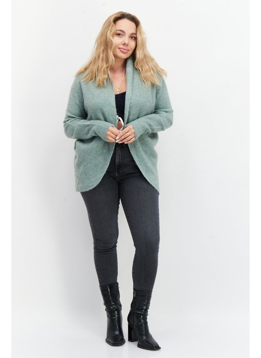 Zero - Women Open Front Long Sleeve Knitted Cardigans, Green - Image 1
