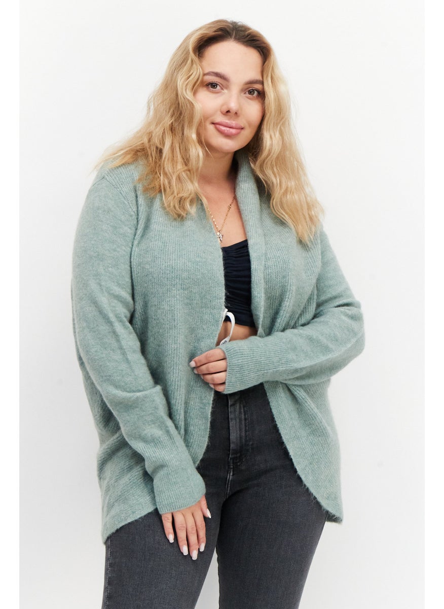 Zero - Women Open Front Long Sleeve Knitted Cardigans, Green - Image 1