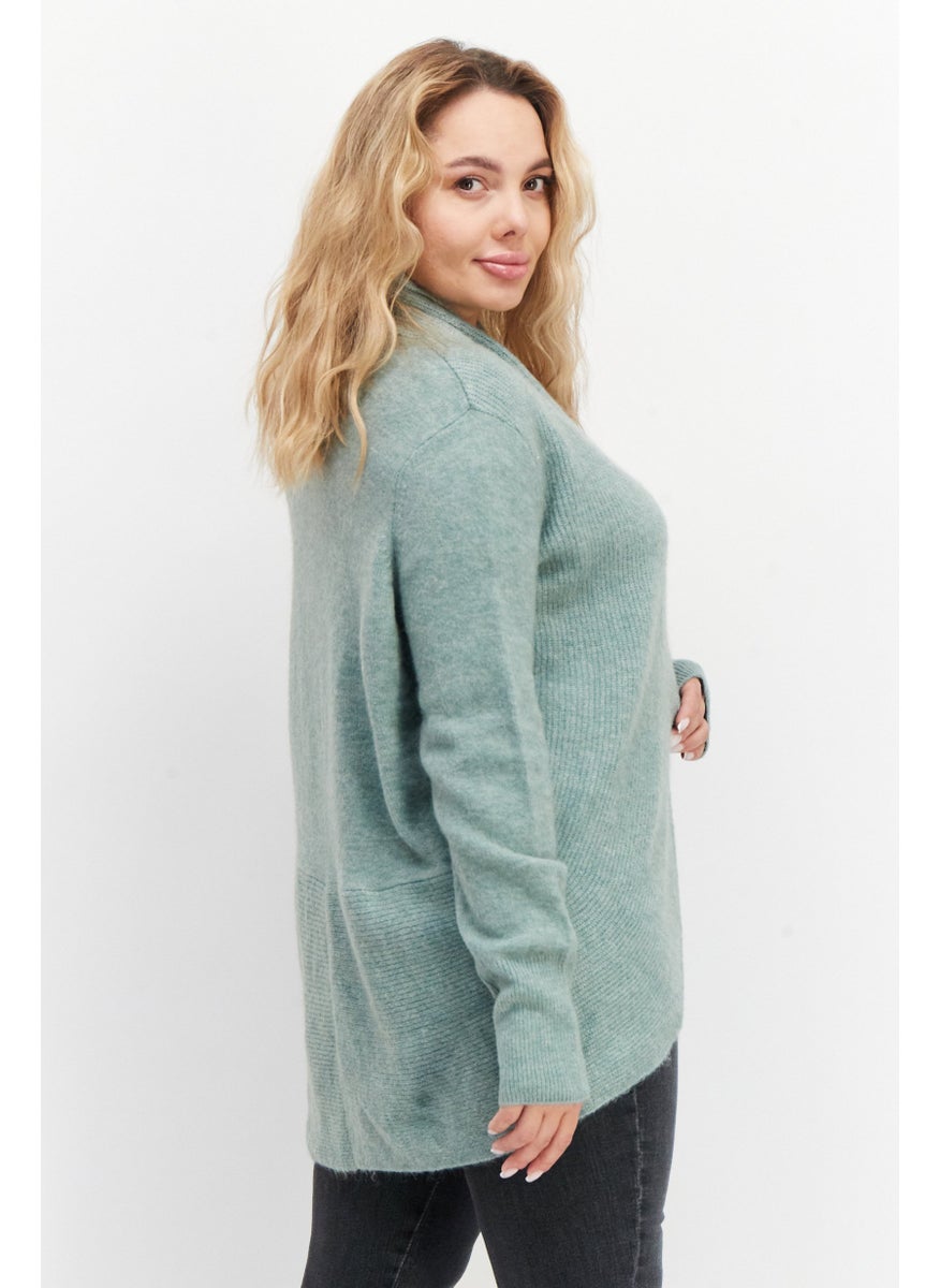 Zero - Women Open Front Long Sleeve Knitted Cardigans, Green - Image 1