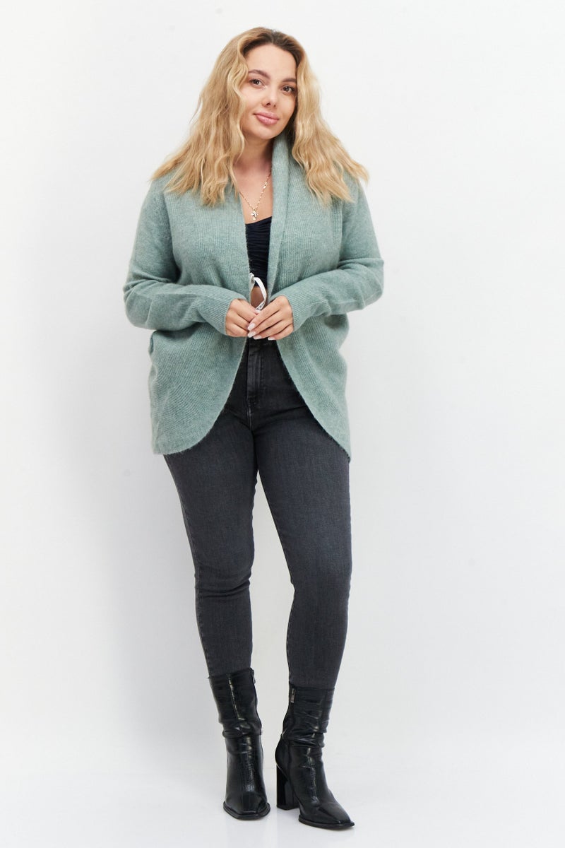 Zero كارديجان نسائي مفتوح من الأمام بأكمام طويلة محبوك، أخضر - Image 3