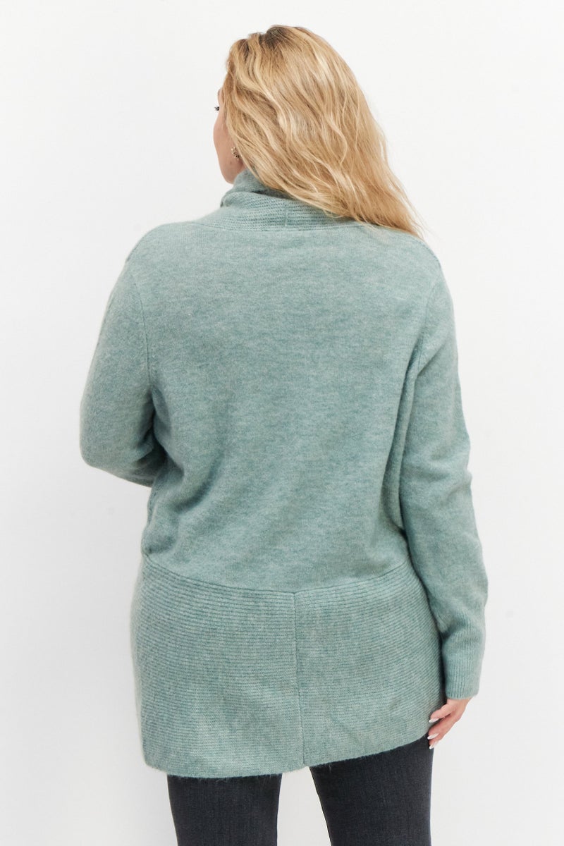 Zero كارديجان نسائي مفتوح من الأمام بأكمام طويلة محبوك، أخضر - Image 2