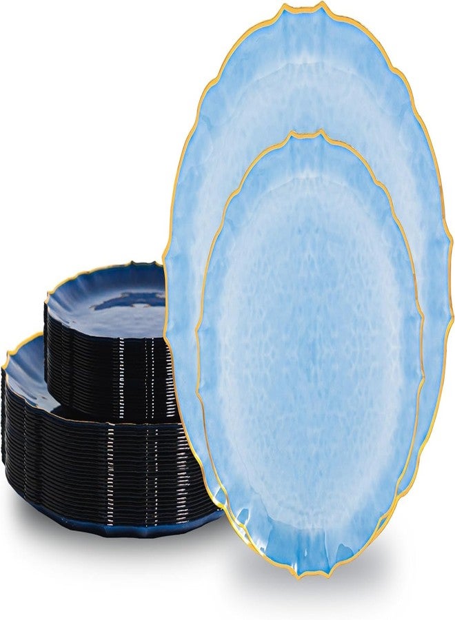 Lullaby 100pcs Translucent Blue Plastic Plates with Gold Rim, Fancy Lace-Edged Disposable Plates include 50pcs Dinner Plate 10”, 50pcs Dessert Plate 7”, Perfect for Party, Wedding, Holiday - Image 1