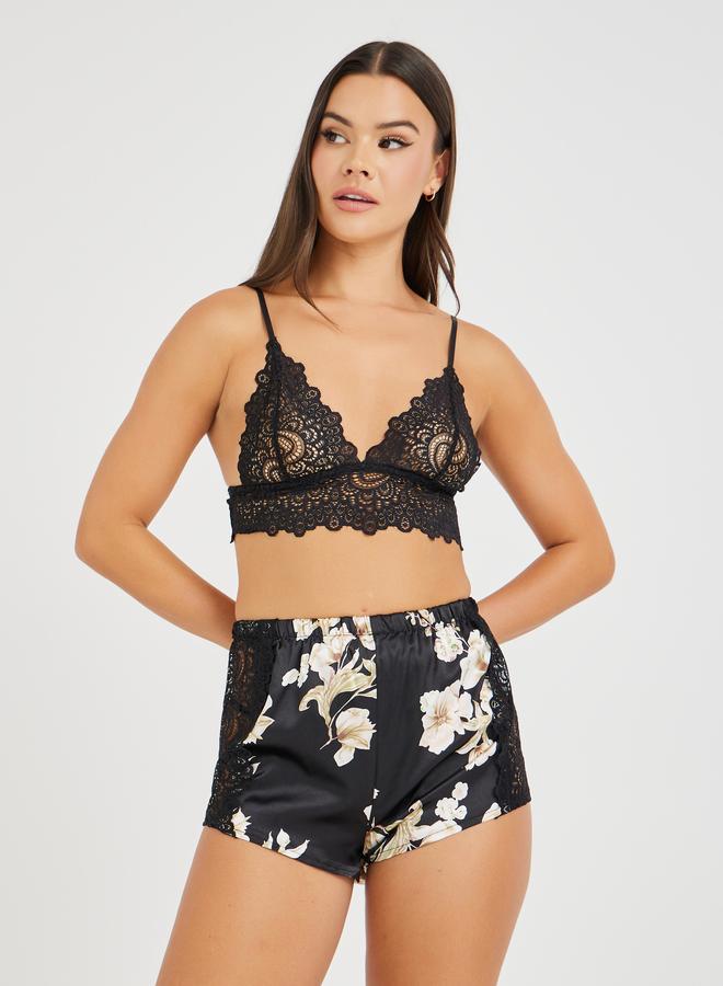 Styli Styli Scallop Edge Lace Bralette and Floral Print Lace Panelled Shorts Set  - Image 1