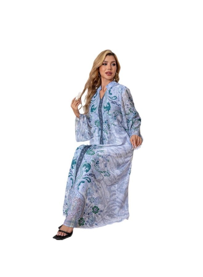 Muslim Women's Robe Embroidered Fabric All-over Printed Diamond Women's Long Skirt Dress - Image 5