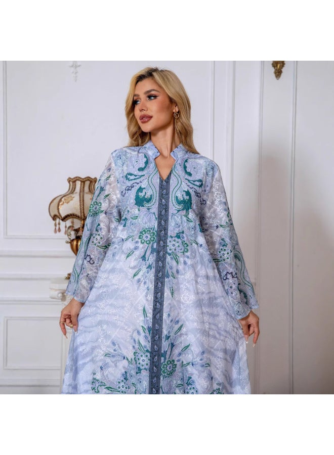Muslim Women's Robe Embroidered Fabric All-over Printed Diamond Women's Long Skirt Dress - Image 3