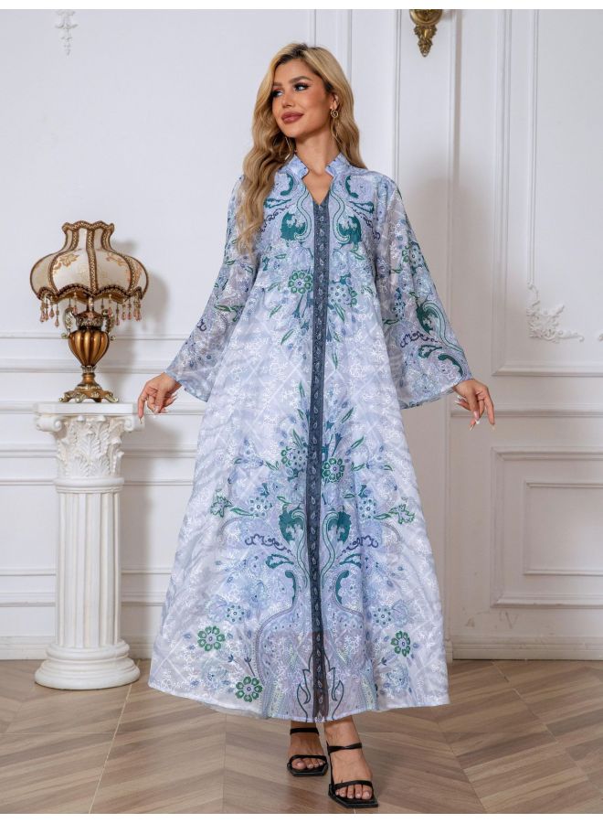Muslim Women's Robe Embroidered Fabric All-over Printed Diamond Women's Long Skirt Dress - Image 1