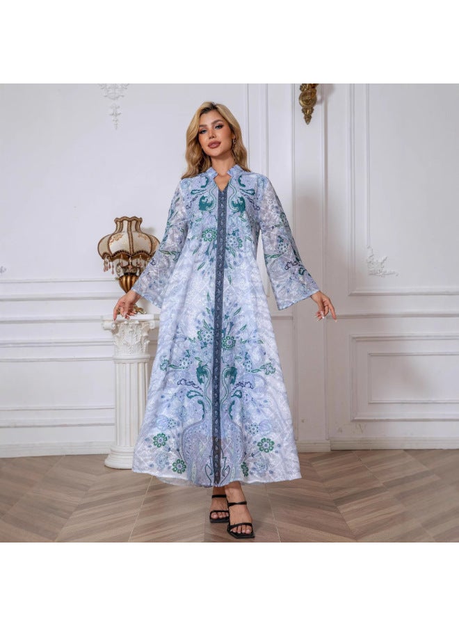 Muslim Women's Robe Embroidered Fabric All-over Printed Diamond Women's Long Skirt Dress - Image 2