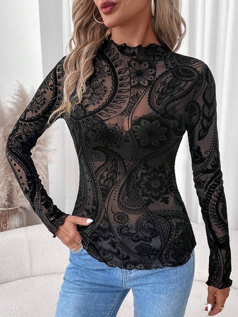 Women's Paisley Flocked Print Mesh Ruffle Long Sleeve T-Shirt Top - Image 3