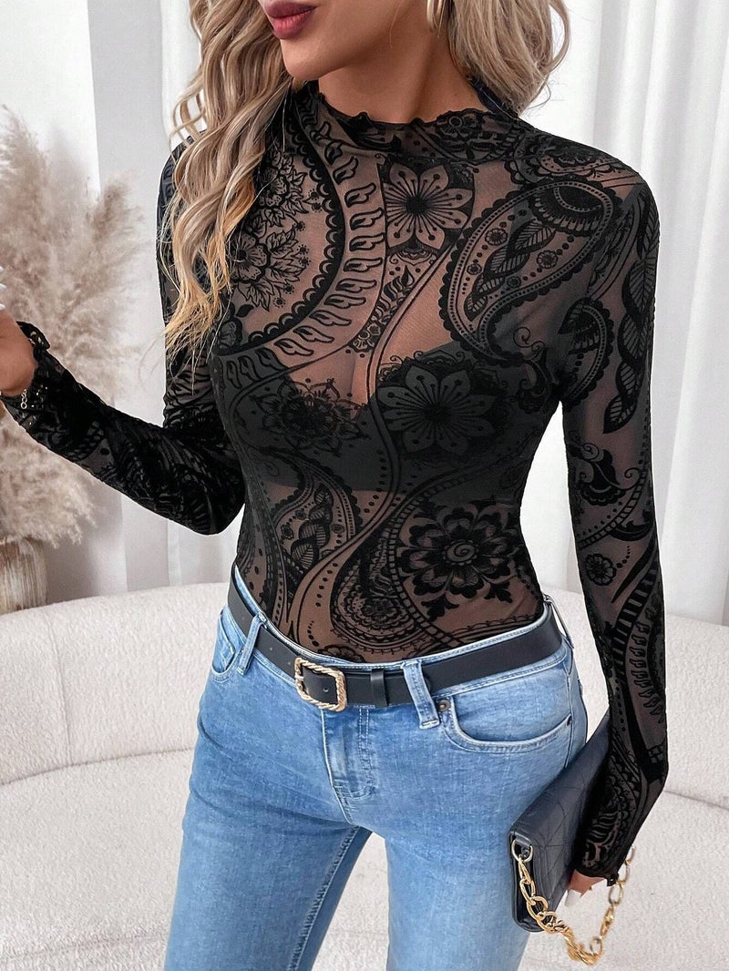 Women's Paisley Flocked Print Mesh Ruffle Long Sleeve T-Shirt Top - Image 4