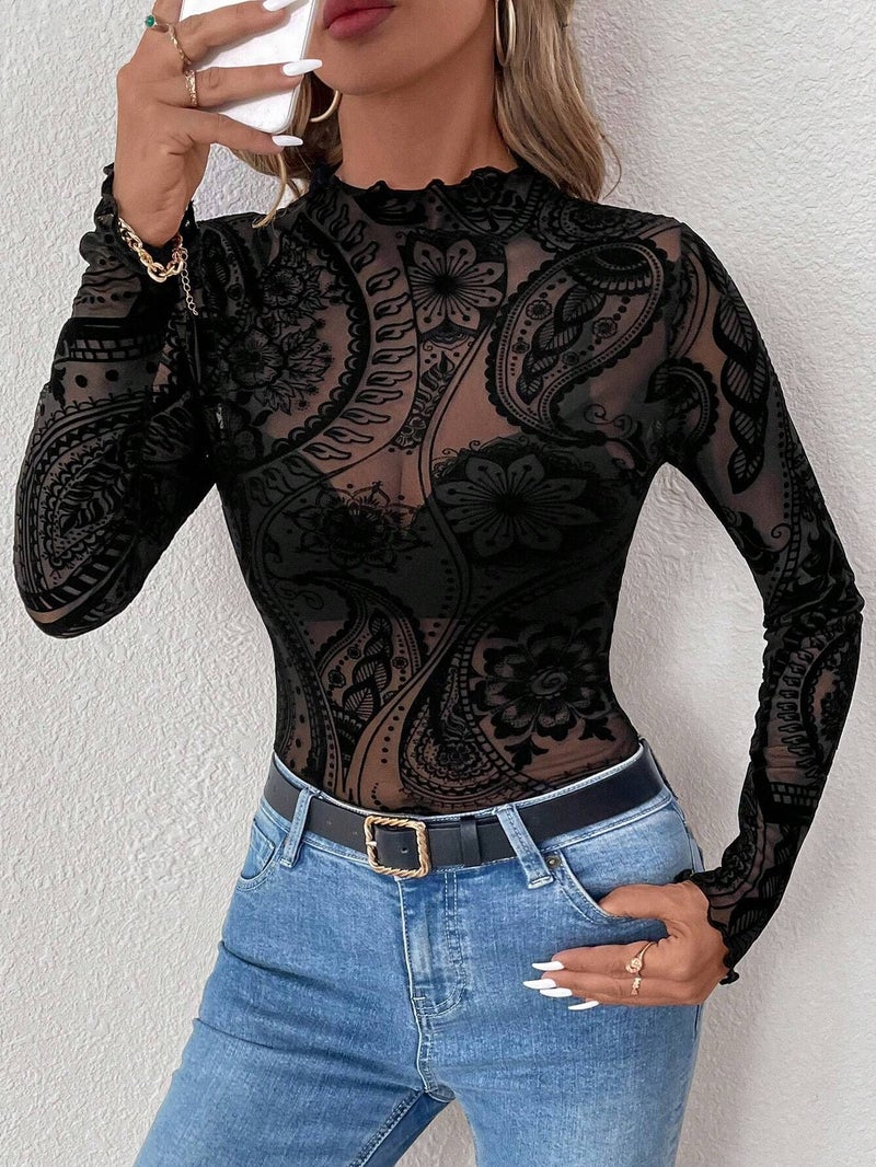 Women's Paisley Flocked Print Mesh Ruffle Long Sleeve T-Shirt Top - Image 5