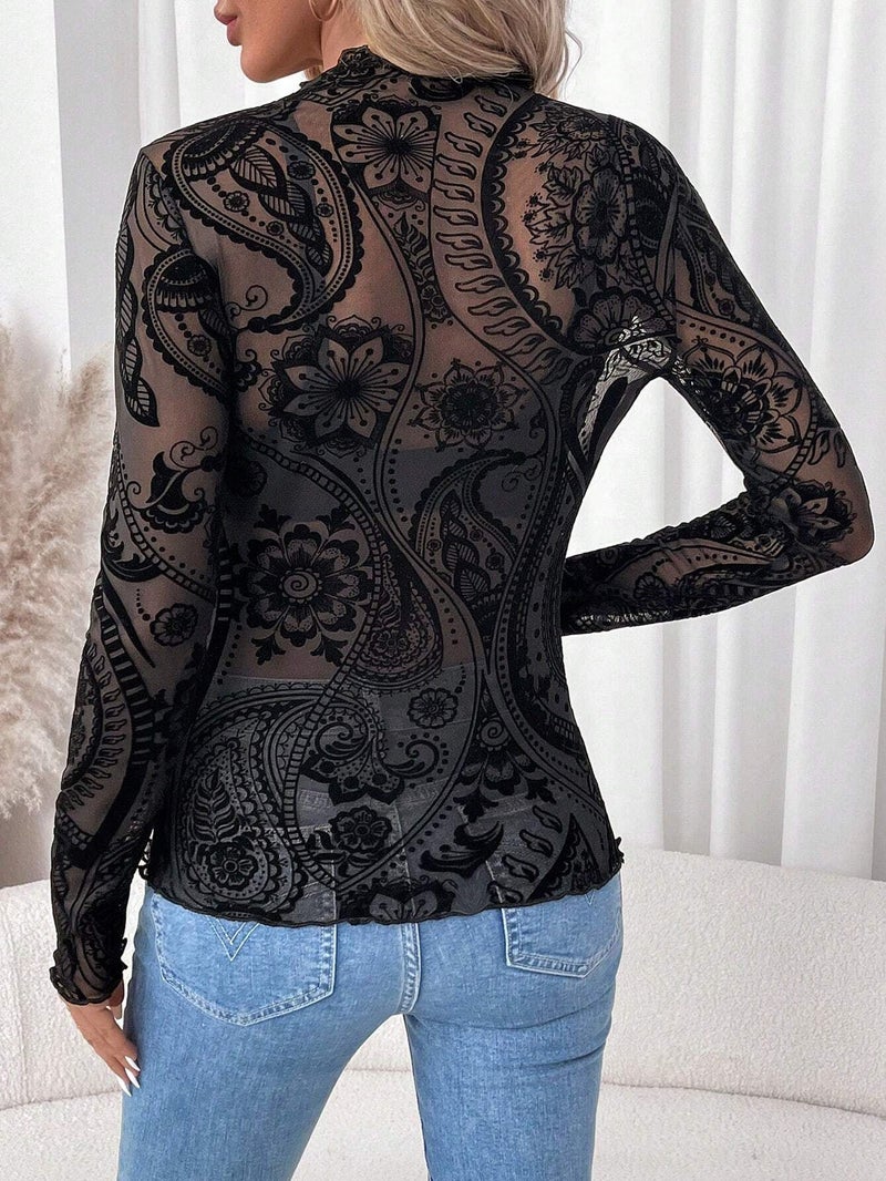 Women's Paisley Flocked Print Mesh Ruffle Long Sleeve T-Shirt Top - Image 2