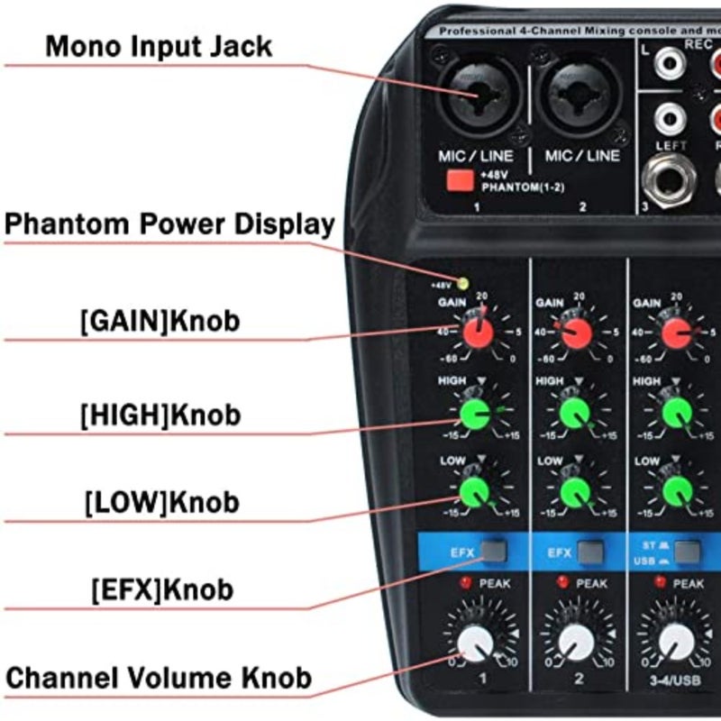 Audio Mixer Bluetooth USB Record 4-Channel BT Sound Mixing Console Mono Stereo Input Reverb Effects 48V Phantom PoweR Audio Interface Board for Stage Tuning Home KTV Studio Music etc - Image 3