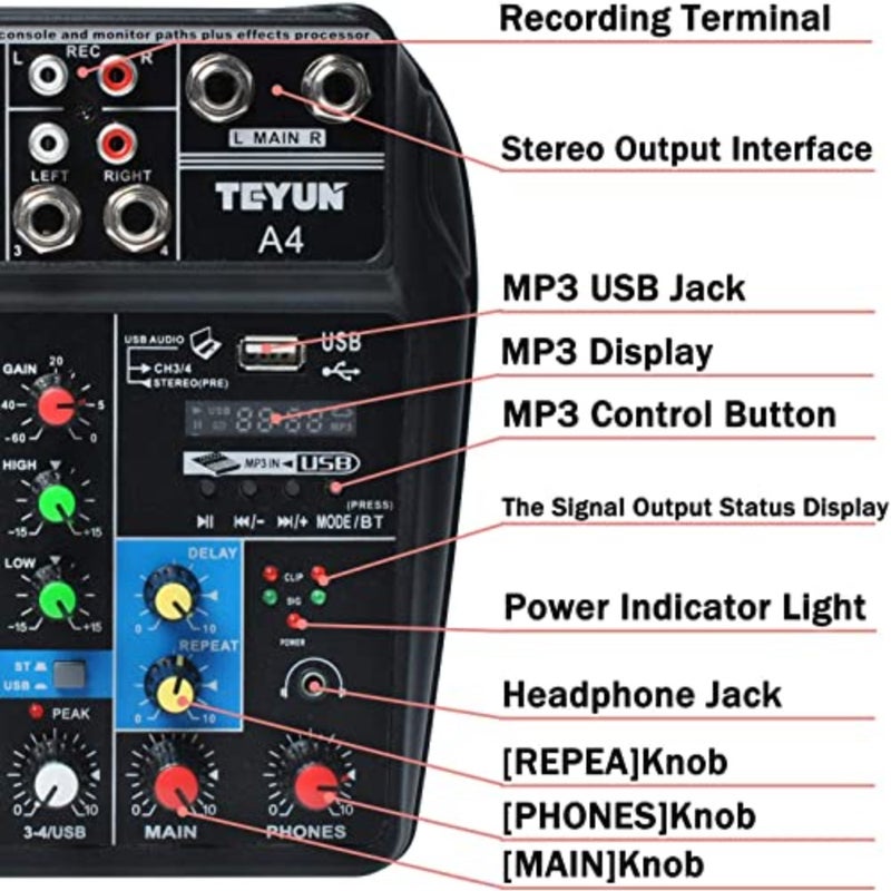 Audio Mixer Bluetooth USB Record 4-Channel BT Sound Mixing Console Mono Stereo Input Reverb Effects 48V Phantom PoweR Audio Interface Board for Stage Tuning Home KTV Studio Music etc - Image 4