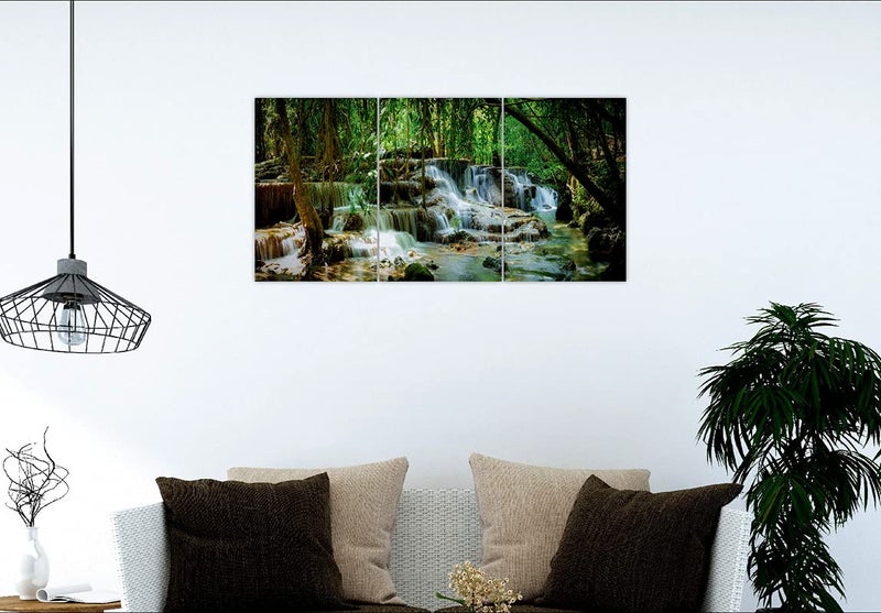 SAF paintings Set of 3 Green Forest Waterfall Beautiful UV Coated Home Decorative & Gift Item Large Panel Mdf Wall Painting for living Room 27 Inch X 12 Inch SANFC32096 - Image 2