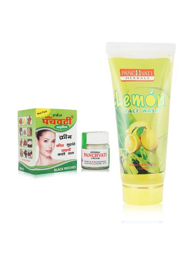 Panchvati Herbals Acne Cream 10 Gm + Lemon Face Wash 60 Ml Combo, Removes Black Patches I Removes Pimples I Gentle Dirt Cleanser I Anti-Oxidant Rich I Ideal For Men & Women  - Image 1