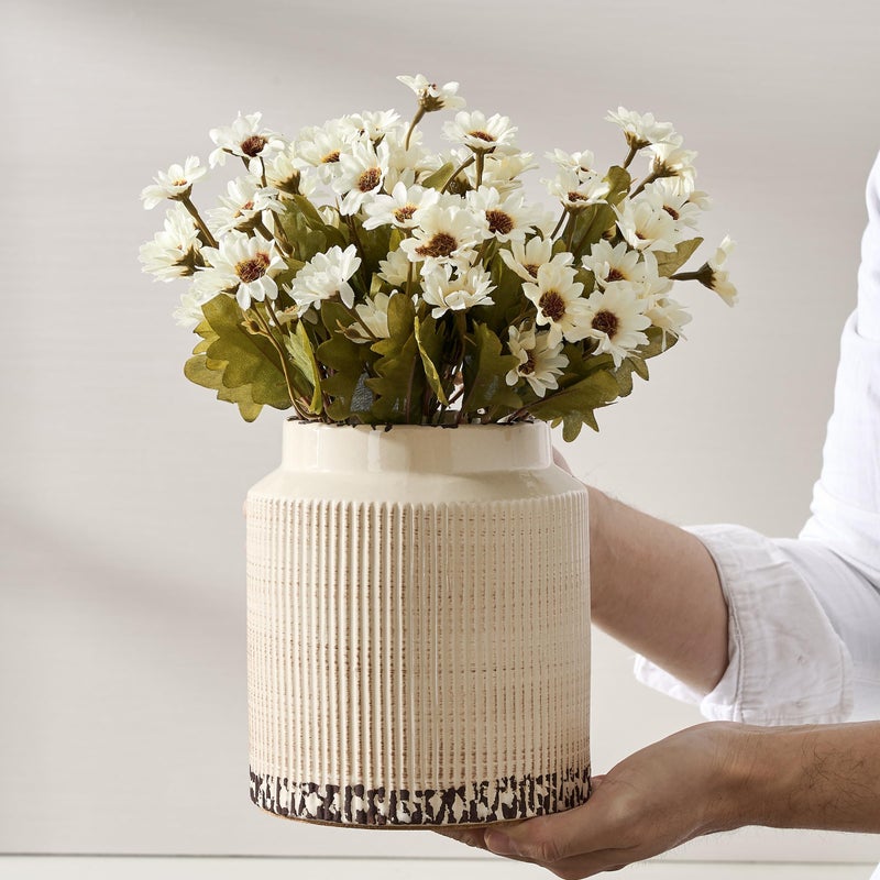 SIDUCAL Ceramic Vintage Rustic Terracotta Vase, 6.77 Inch Farmhouse Decorative Pottery Vase Wide-Mouth Vases for Home Decor, Living Room, Bookshelf, Bedroom, Bathroom, Kitchen, Antique Beige - Image 2