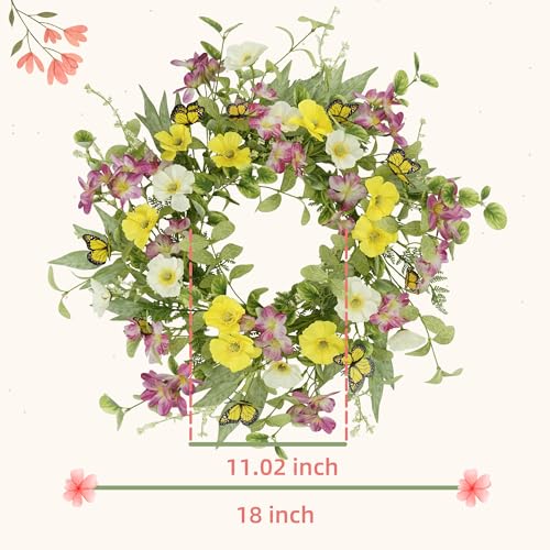 YNYLCHMX 18 Spring Summer Wreaths for Front Door Artificial Wreath with Yellow Daisies Green Eucalyptus Leaves Butterflies Green Foliage Wreath for Wall Window Farmhouse Party Holiday Home Decor - Image 3