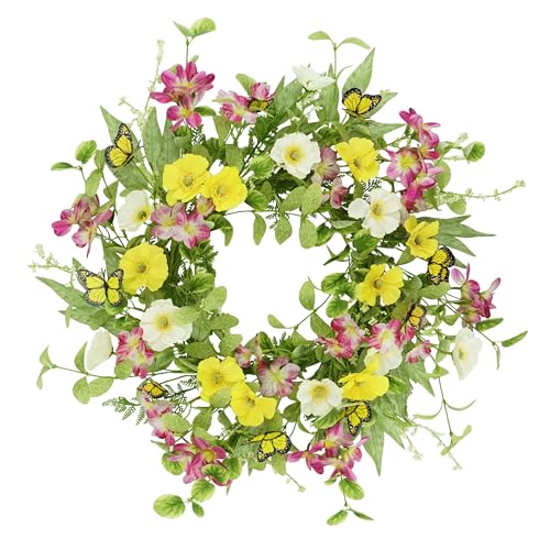 YNYLCHMX 18 Spring Summer Wreaths for Front Door Artificial Wreath with Yellow Daisies Green Eucalyptus Leaves Butterflies Green Foliage Wreath for Wall Window Farmhouse Party Holiday Home Decor - Image 1