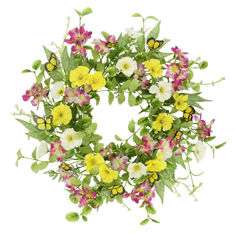 YNYLCHMX 18 Spring Summer Wreaths for Front Door Artificial Wreath with Yellow Daisies Green Eucalyptus Leaves Butterflies Green Foliage Wreath for Wall Window Farmhouse Party Holiday Home Decor - Image 2