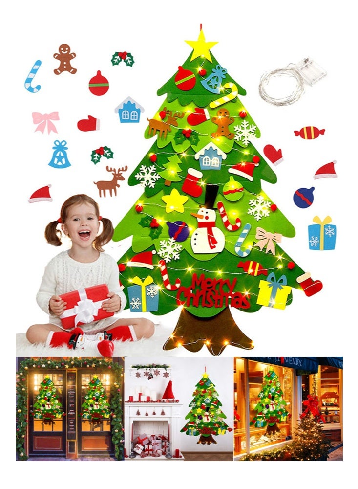 VUCATIN Felt Christmas Tree 3.15ft DIY Wall Christmas Tree with 32 Pcs Detachable Ornaments Wall Decor and 50 LEDs String Lights Christmas Decoration for Toddlers Kids Xmas Gifts Home Door - Image 1