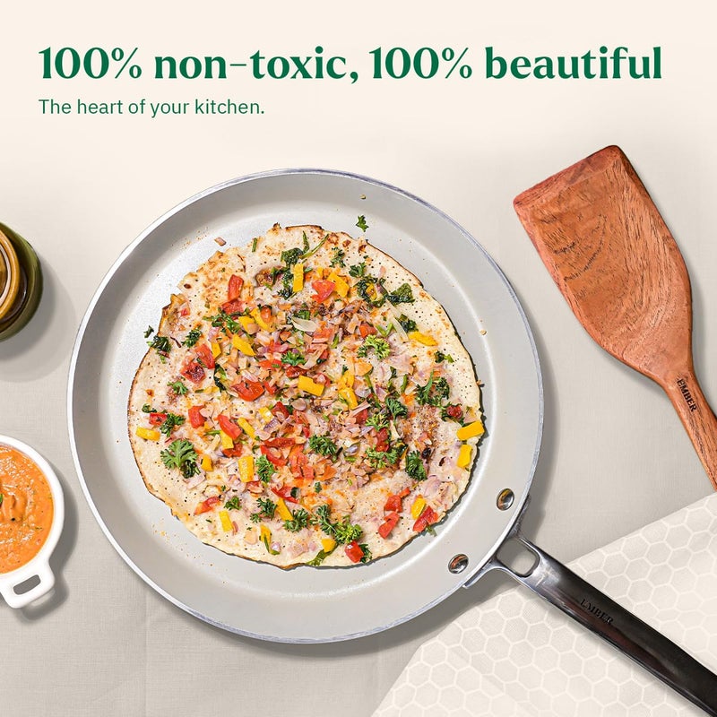 Ember Cookware طاسة سيراميك غير لاصقة 28 سم | مقلاة روتي وتشباتي غير سامة | معتمدة من ISI | طاسة طهي سيراميك | 1x ملعقة مسطحة | مقبض فولاذي | خالية من PFAS و PTFE | آمنة للاستخدام على الحث | خضراء - Image 5