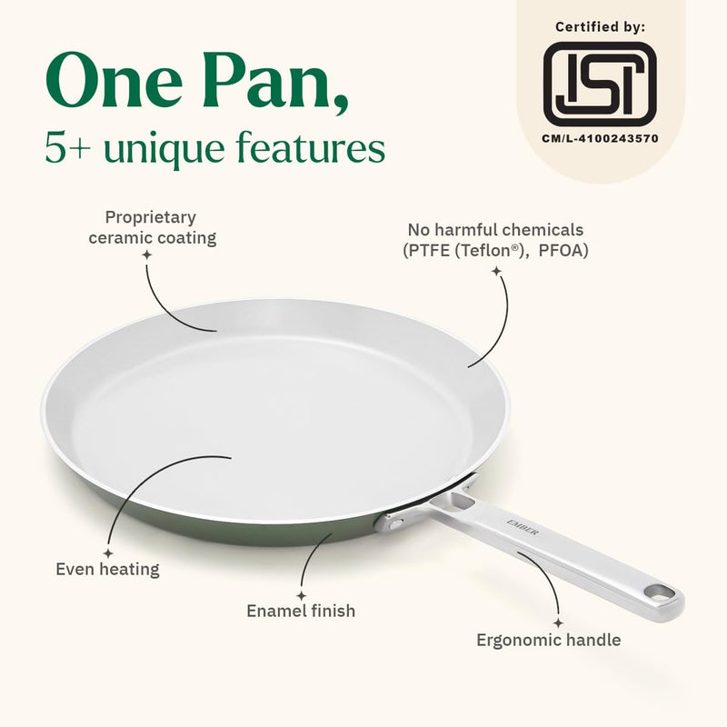 Ember Cookware طاسة سيراميك غير لاصقة 28 سم | مقلاة روتي وتشباتي غير سامة | معتمدة من ISI | طاسة طهي سيراميك | 1x ملعقة مسطحة | مقبض فولاذي | خالية من PFAS و PTFE | آمنة للاستخدام على الحث | خضراء - Image 2