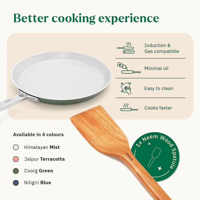 Ember Cookware طاسة سيراميك غير لاصقة 28 سم | مقلاة روتي وتشباتي غير سامة | معتمدة من ISI | طاسة طهي سيراميك | 1x ملعقة مسطحة | مقبض فولاذي | خالية من PFAS و PTFE | آمنة للاستخدام على الحث | خضراء - Image 3