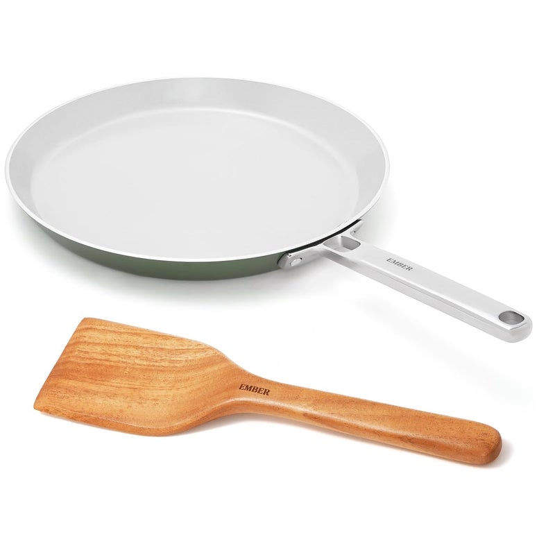 Ember Cookware طاسة سيراميك غير لاصقة 28 سم | مقلاة روتي وتشباتي غير سامة | معتمدة من ISI | طاسة طهي سيراميك | 1x ملعقة مسطحة | مقبض فولاذي | خالية من PFAS و PTFE | آمنة للاستخدام على الحث | خضراء - Image 1