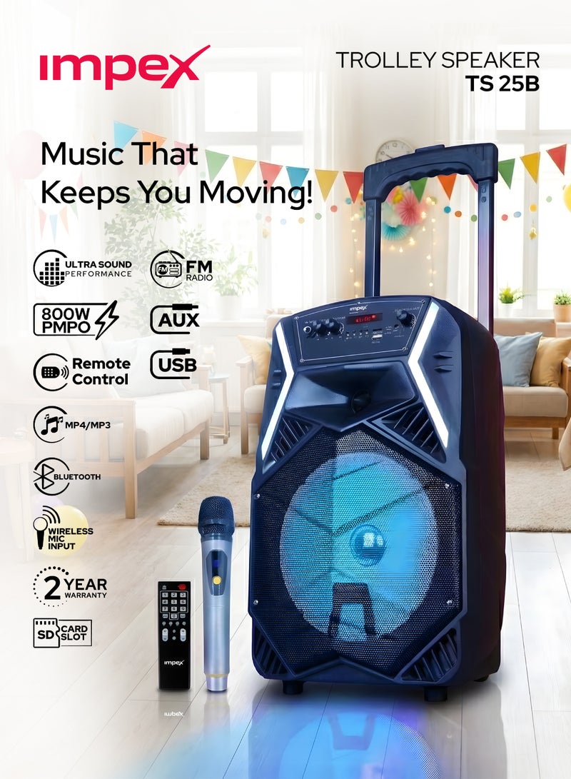 Impex Trolley Speaker 25W Multimedia Portable Music Speaker With USb/Sd/Tf/Fm/Radio/Aux/Remote/Bluetooth/Wireless Mic & Dj Led Light Function Ultra Sound Song Player Entertainment, 2 year Warranty - Ts 25B Black Black - Image 1