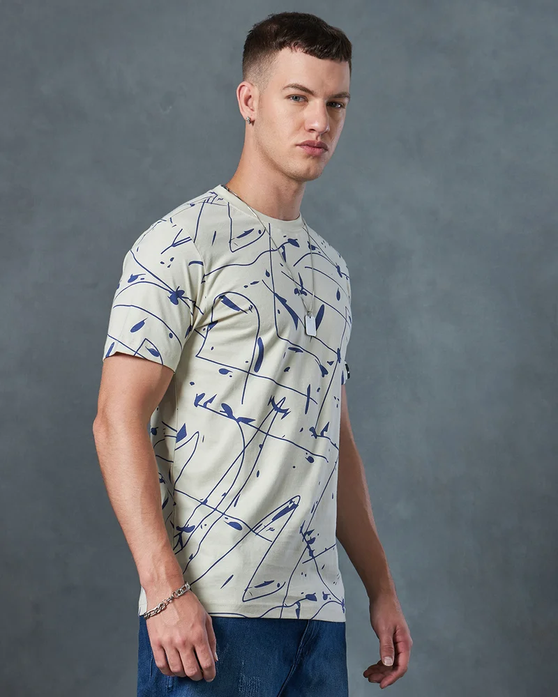 bewakoof Men's Beige All Over Printed T-shirt