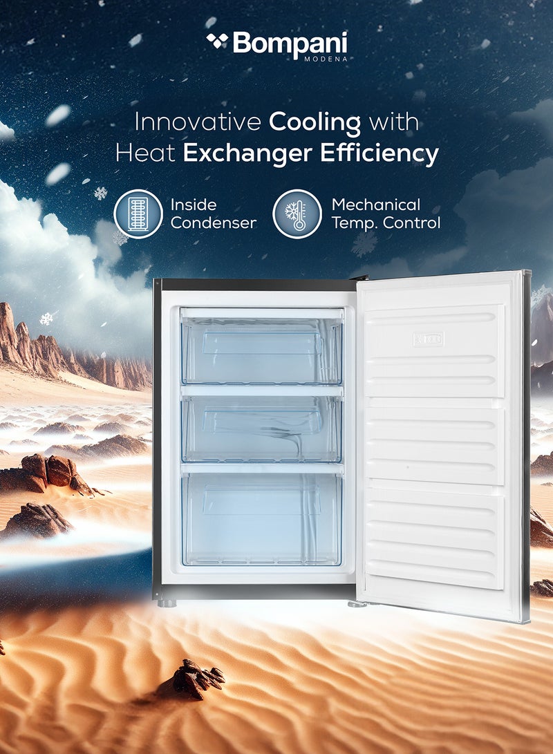 Bompani Upright Freezer 100L Gross / 85L Net, Single Door, Manual Defrost, Lock & Key, R600a Refrigerant, 3 Storage Compartments, Inox Finish - (1 Year Warranty) 100 L 400 W BUF245SN INOX - Image 4