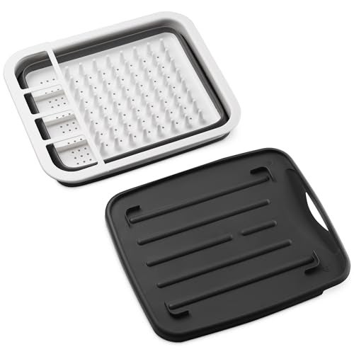 Masirs Pop-Up Collapsible Dish Drying Rack: Convenient Storage, Drains into Sink, Eight Large Plate Capacity, Sectional Cutlery and Utensil Compartment. Compact and Portable Design. - Image 5