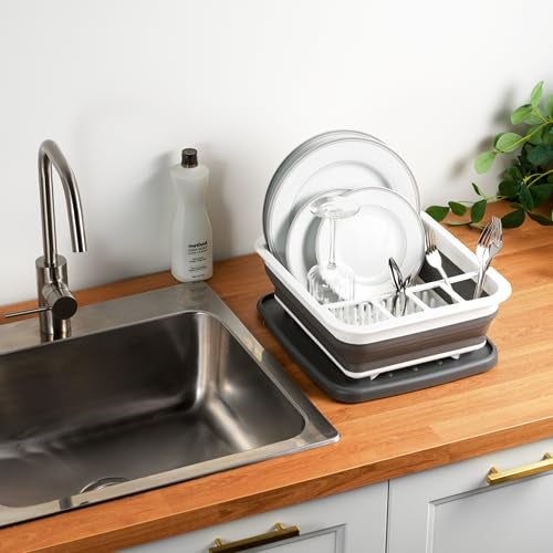 Masirs Pop-Up Collapsible Dish Drying Rack: Convenient Storage, Drains into Sink, Eight Large Plate Capacity, Sectional Cutlery and Utensil Compartment. Compact and Portable Design. - Image 3