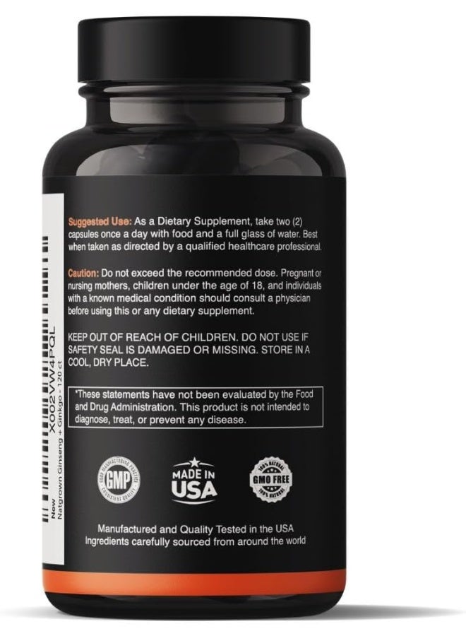 Natgrown Panax Ginseng and Ginkgo Biloba Complex Capsules with Korean Red Ginseng & Ginko Leaf Extract Supplement for Men & Women - Supports Memory Focus Energy & Brain Function - Vegan Pills - 120ct - Image 3