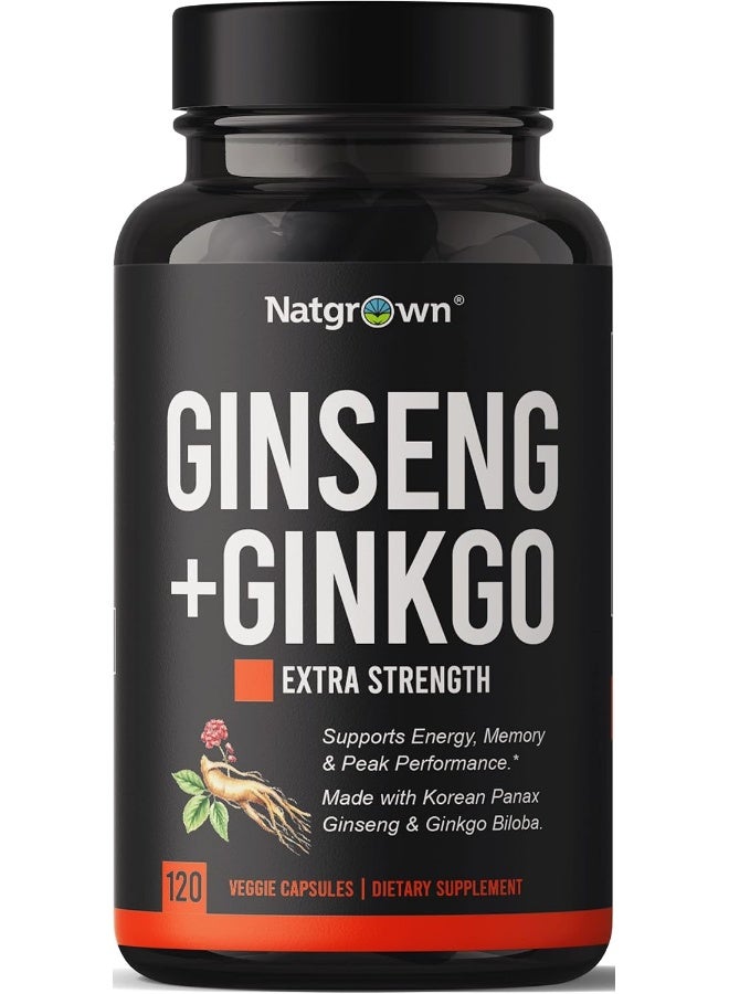 Natgrown Panax Ginseng and Ginkgo Biloba Complex Capsules with Korean Red Ginseng & Ginko Leaf Extract Supplement for Men & Women - Supports Memory Focus Energy & Brain Function - Vegan Pills - 120ct - Image 1